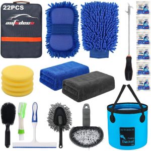 AUTODECO 22Pcs Car Wash Cleaning Tools Kit Car Detailing Set with Blue Canvas Bag Collapsible Bucket Wash Mitt Sponge Towels Tire Brush Window Scraper Duster Complete Interior Car Care Kit קיט 22 חלקים לשטיפה של הרכב לרכישה דרך אמזון 