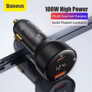 Baseus 100W Car Charger Dual Port USB Type C Quick Charger Digital PPS QC PD 3.0 Laptop Phone Charger for iPhone Samsung Xiaomi מטען עוצמתי ומהיר לטלפון נייד 